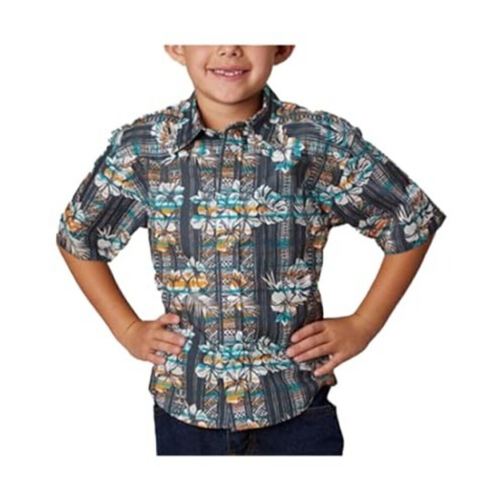 Roper Boy's Medium Short Sleeve Tropical Hawaiian Print Pearl Snap Grey